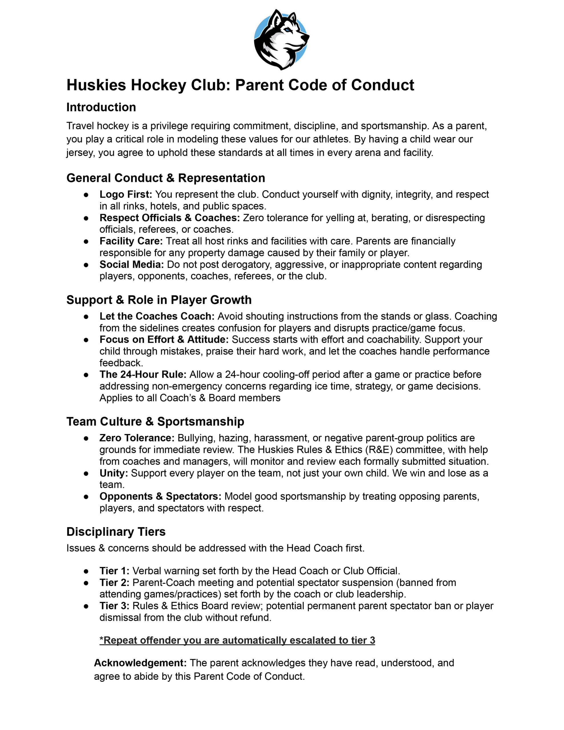 Huskies Hockey Club: Parent Code of Conduct