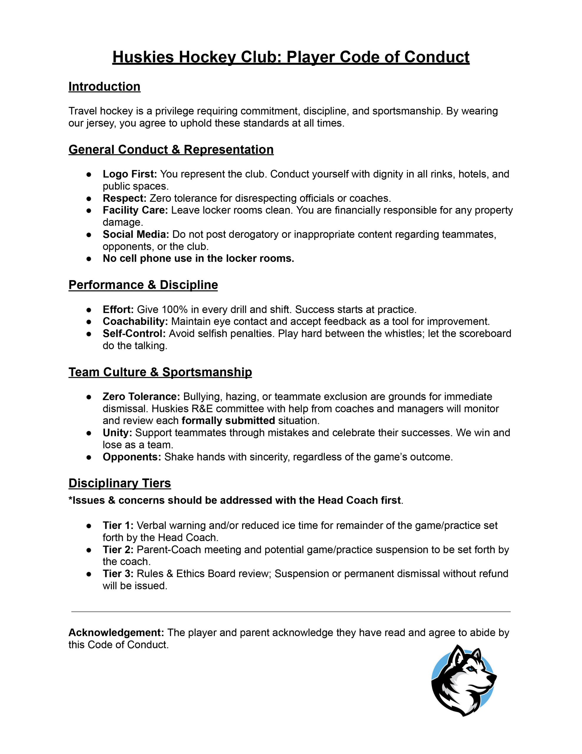 Huskies Hockey Club: Player Code of Conduct